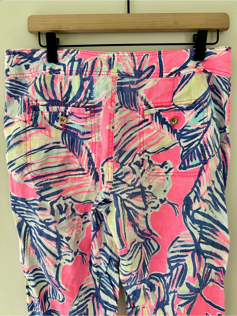 Lilly Pulitzer Pink Tropical Leaf 100% Linen Trouser Pants with Drawstring - Picture 5 of 12
